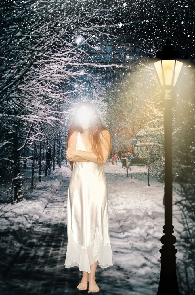 Woman standing in white negligee outside in a snow night 